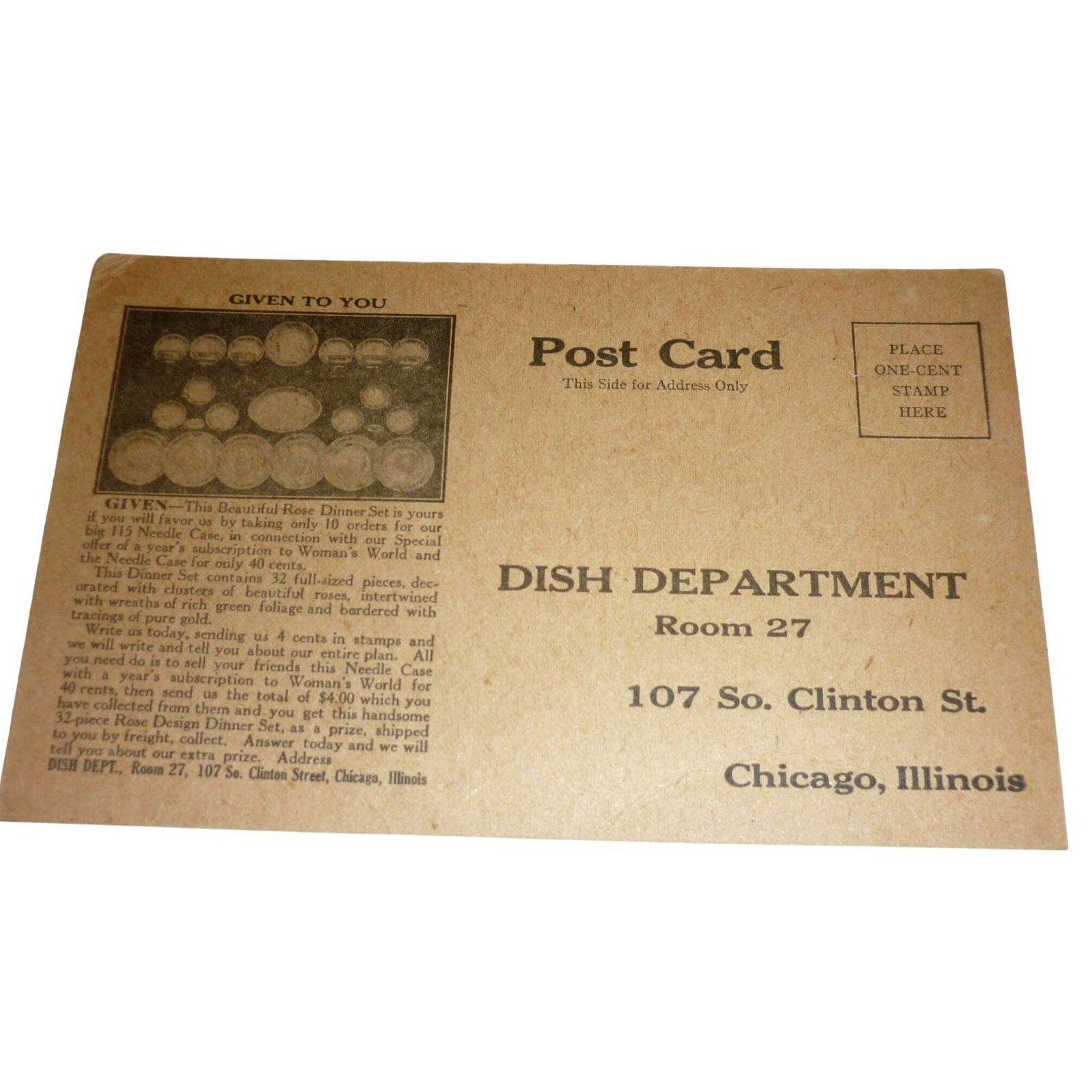 Antique Woman\'s World Chicago Postcard Dish Dept Needle Case Advertising 1910s