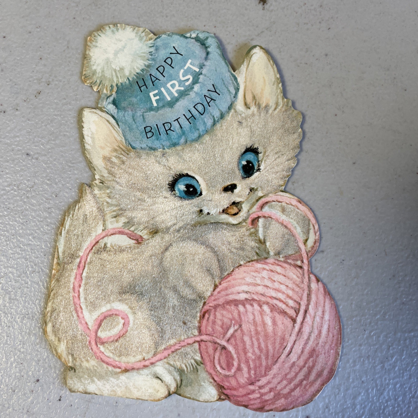 Vtg Birthday Card Kitten Hallmark Diecut Number One Year Flocked White Kitten