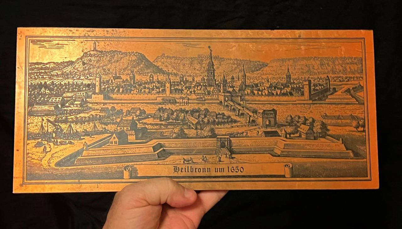 Vintage Copper Metal Wall Plaque Engraved Engraving German Town Heilbronn 1650