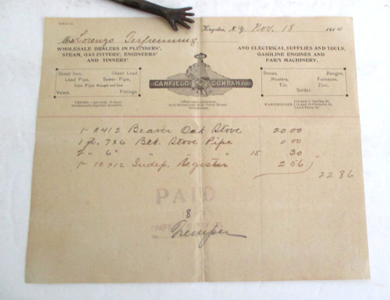 1914 Billhead, Canfield Supply Company, Kingston, NY for Beaver Oak Stove