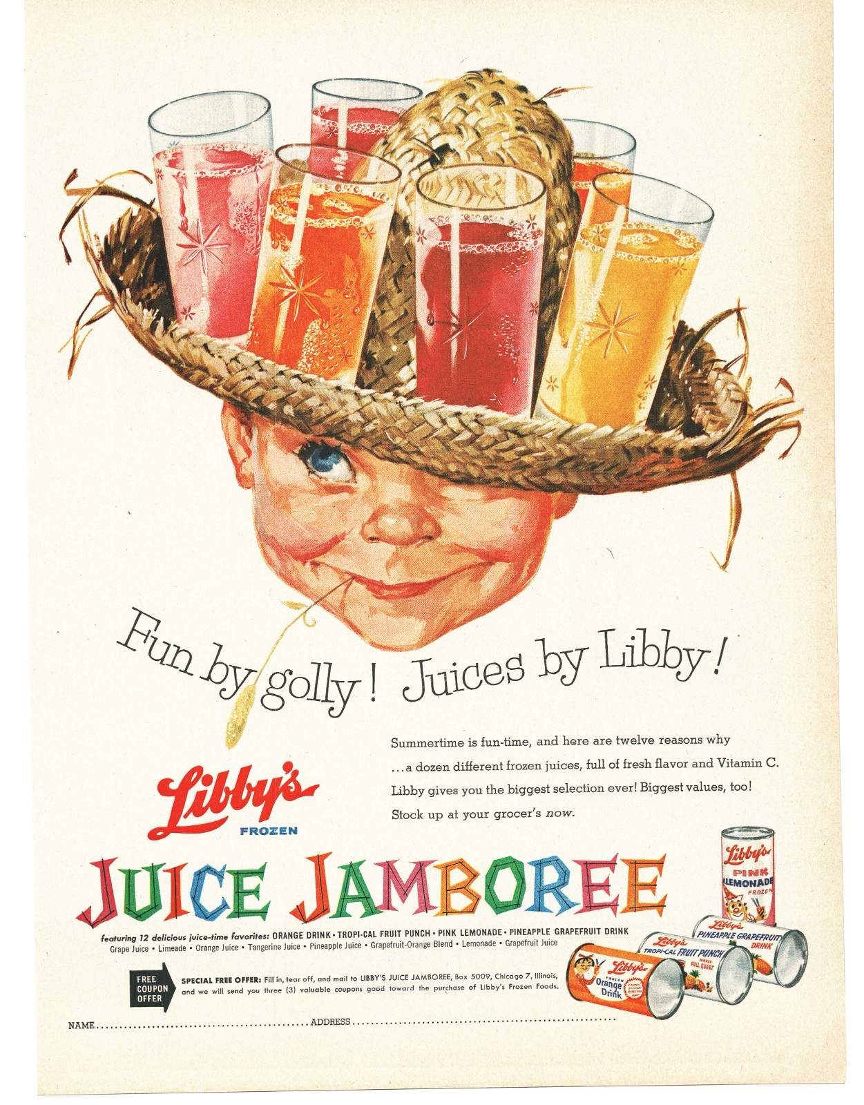 1958 Libby\'s Juice Vintage Print Ad Starburst Glassware Boy Wearing Straw Hat