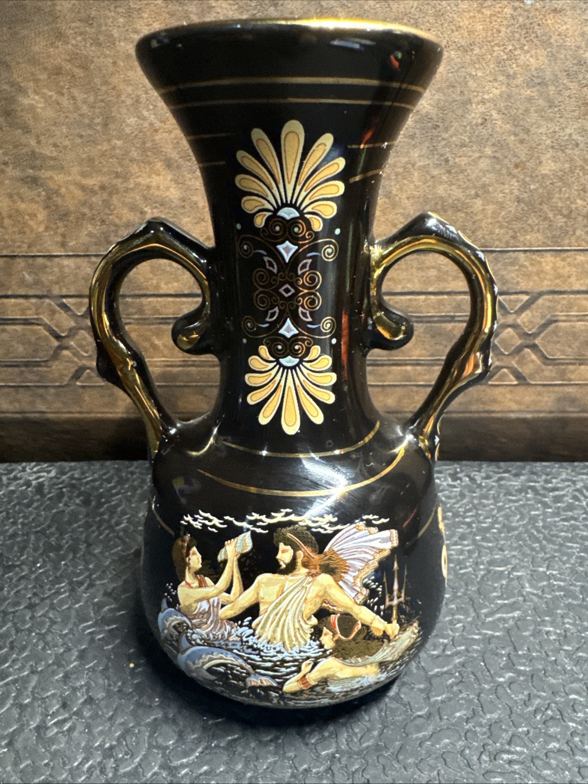VTG Strigos Greek Mythology Vase 24K Gold Trim Handmade Ceramic Amphora 6.25”