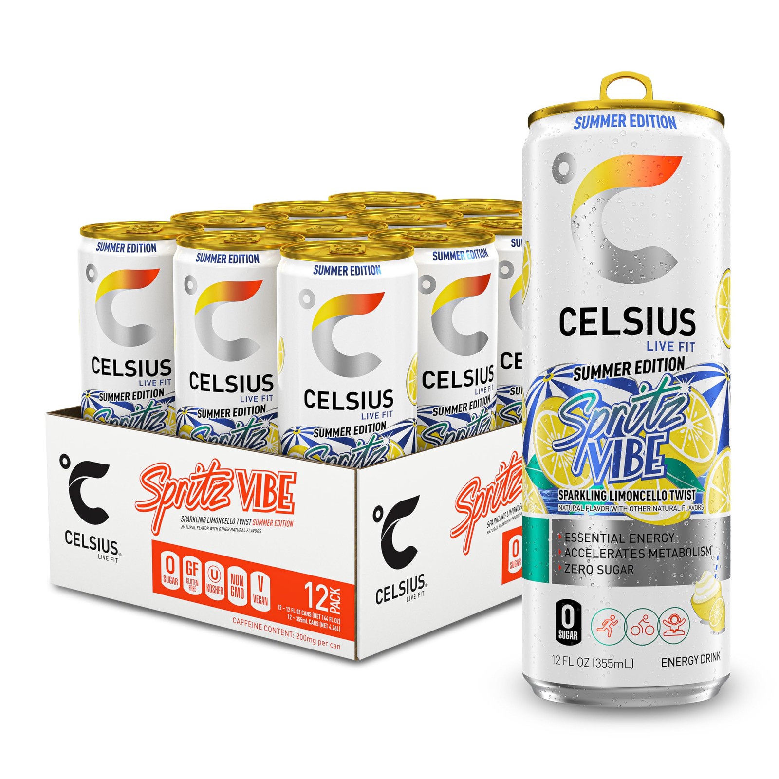 CELSIUS Sparkling Spritz Vibe Summer Edition, Sugar Free Energy Drink, Liquid CELSIUS Sparkling Spritz Vibe Summer Edition, Sugar Free Energy Drink, Liquid
