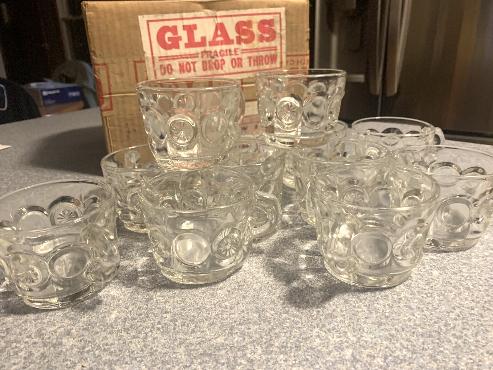 VTG Federal Glass? Thumbprint Glass Punch Bowl CUPS SET OF 12 NEW old stock NOS