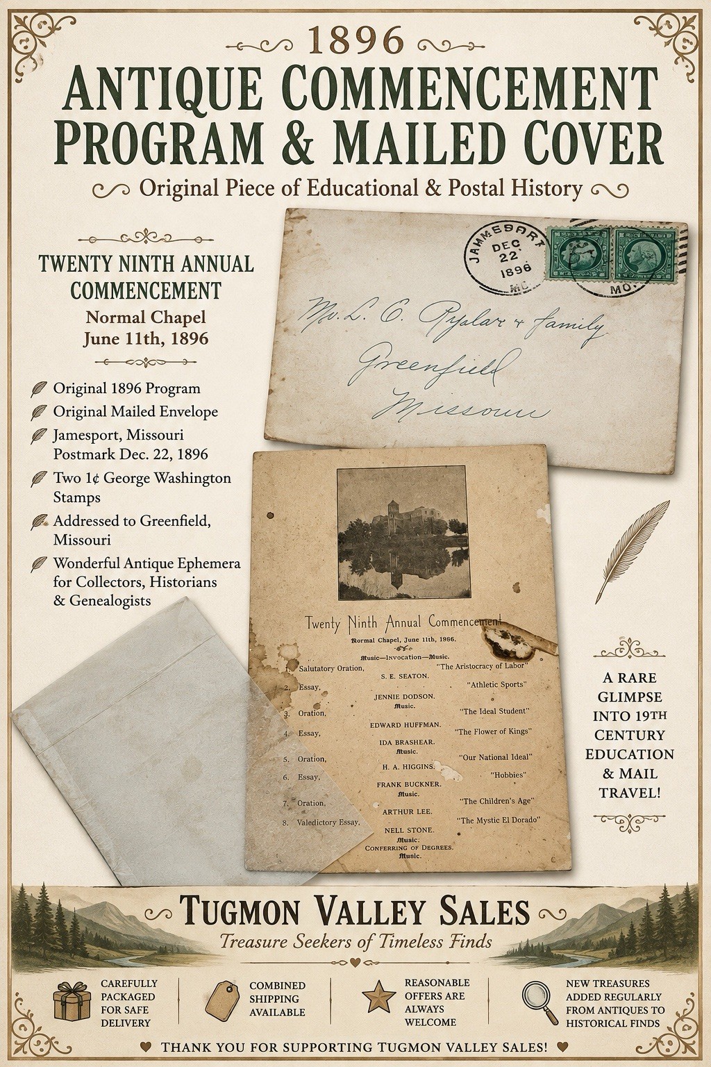 1896 Commencement Program & Mailed Cover Jamesport MO to Greenfield Antique 
