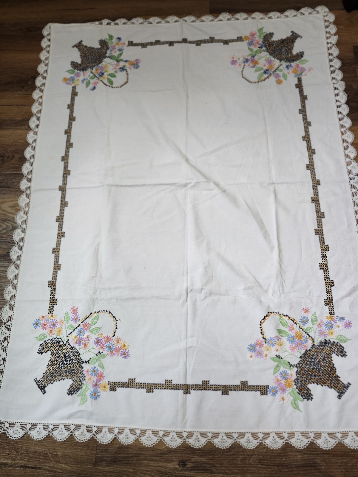 VTG Hand Embroidered Cross Stitched Tablecloth Crocheted Edges VTG Hand Embroidered Cross Stitched Tablecloth Crocheted Edges