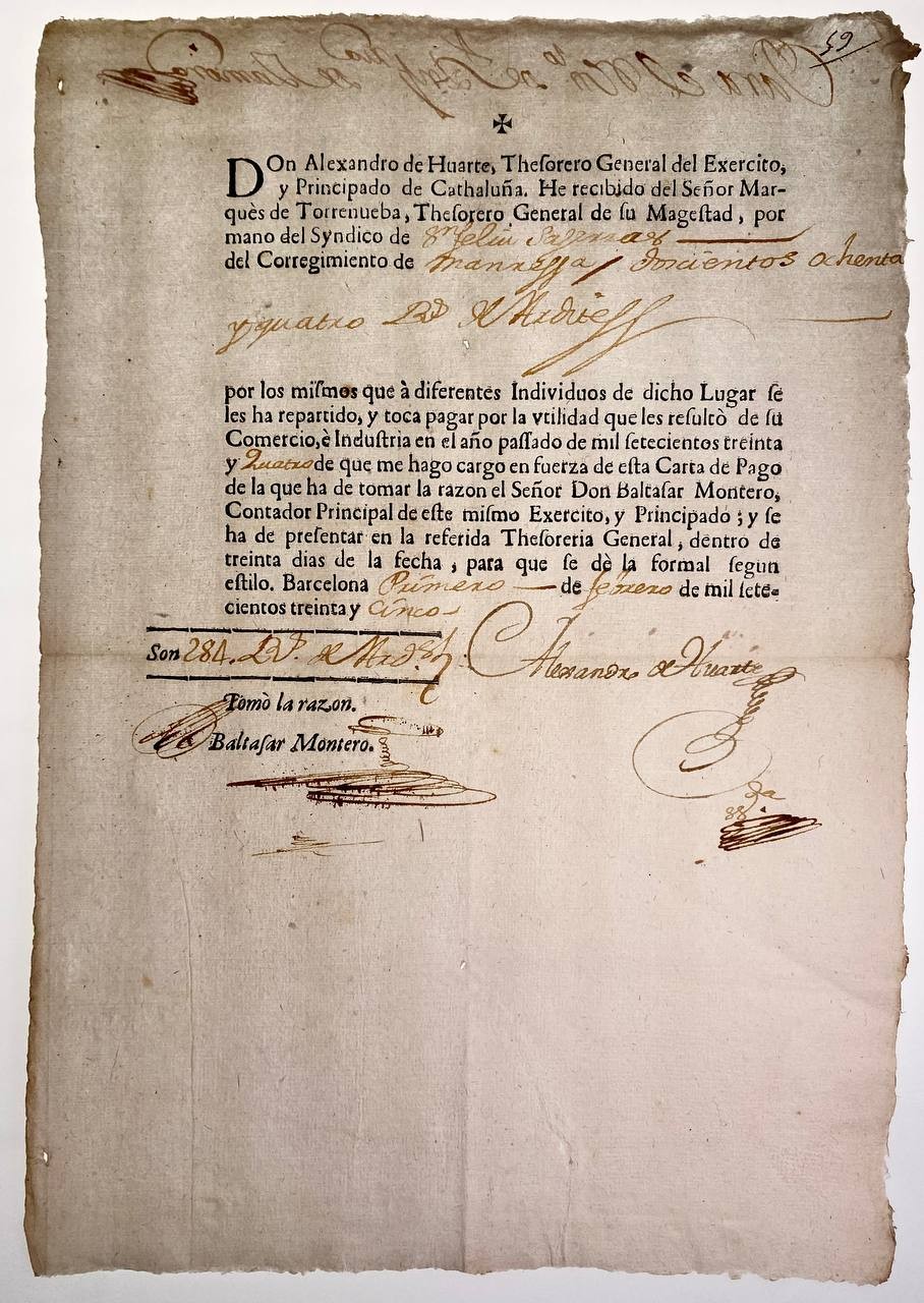 Spain Principado de Catalunia Tesoreria General del Ejercito Payment order 1735