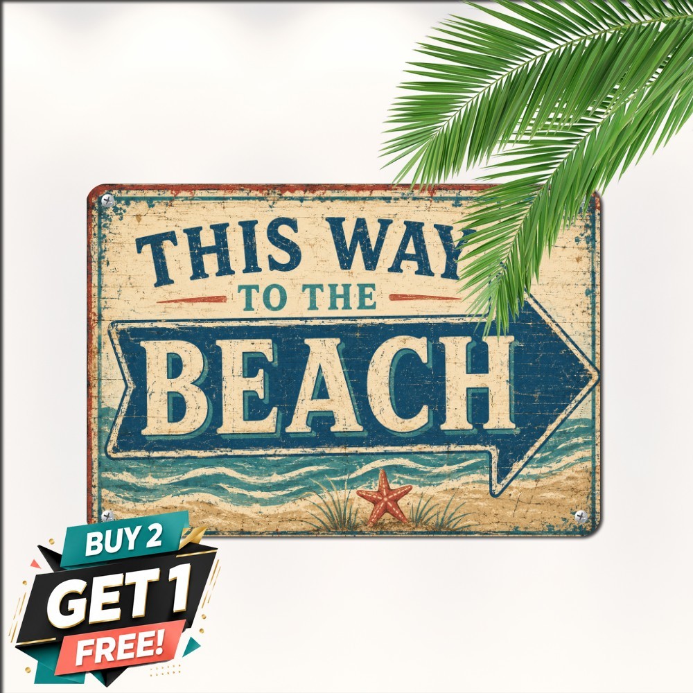 This Way To The Beach Coastal Arrow Tin Metal Sign Ocean Cottage Wall Decor