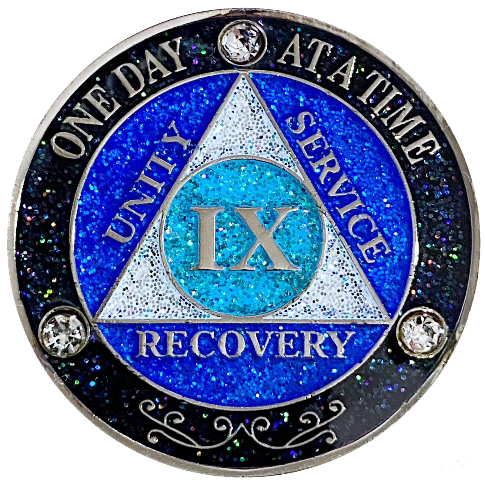 AA 9 Year Crystals & Glitter Medallion, Silver, Blue Color & 3 Crystals