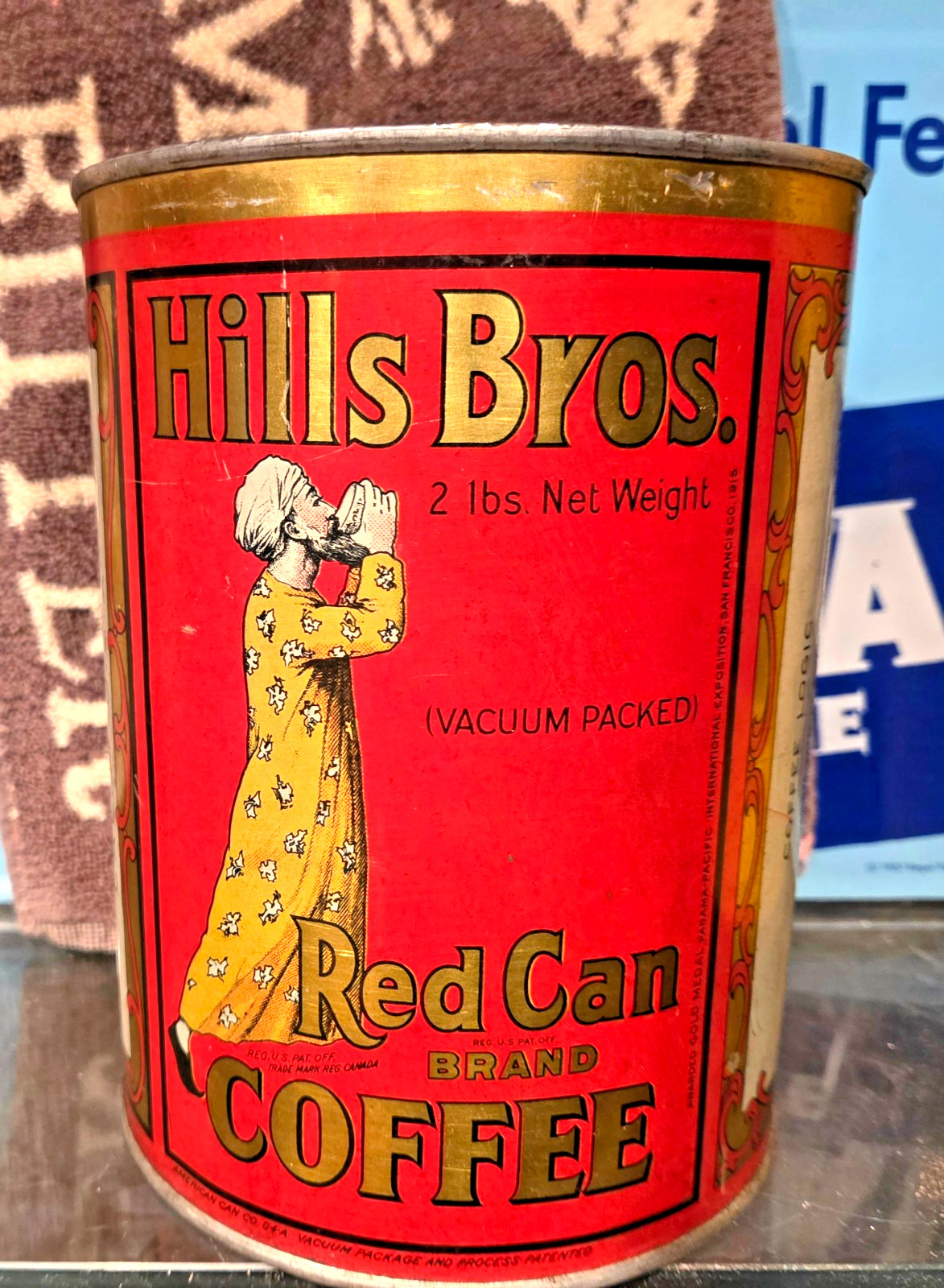 1920s HILLS BROS RED CAN BRAND 2 POUND COFFEE TIN CAN SAN FRANCISCO CALIFORNIA