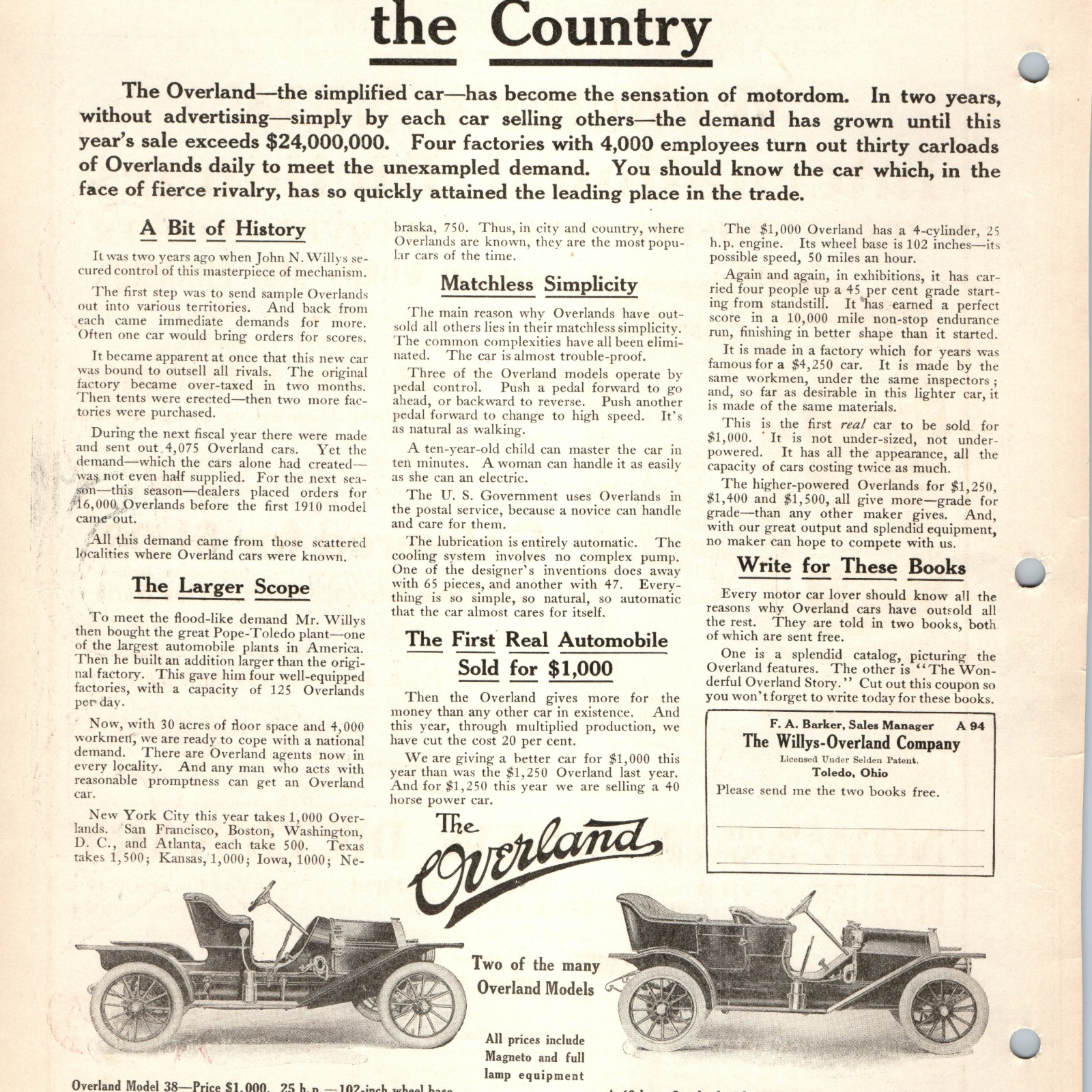 1910 Willys Overland Model 38 Car Print Ad Toledo Ohio $1000 4-Cylinder 25-HP