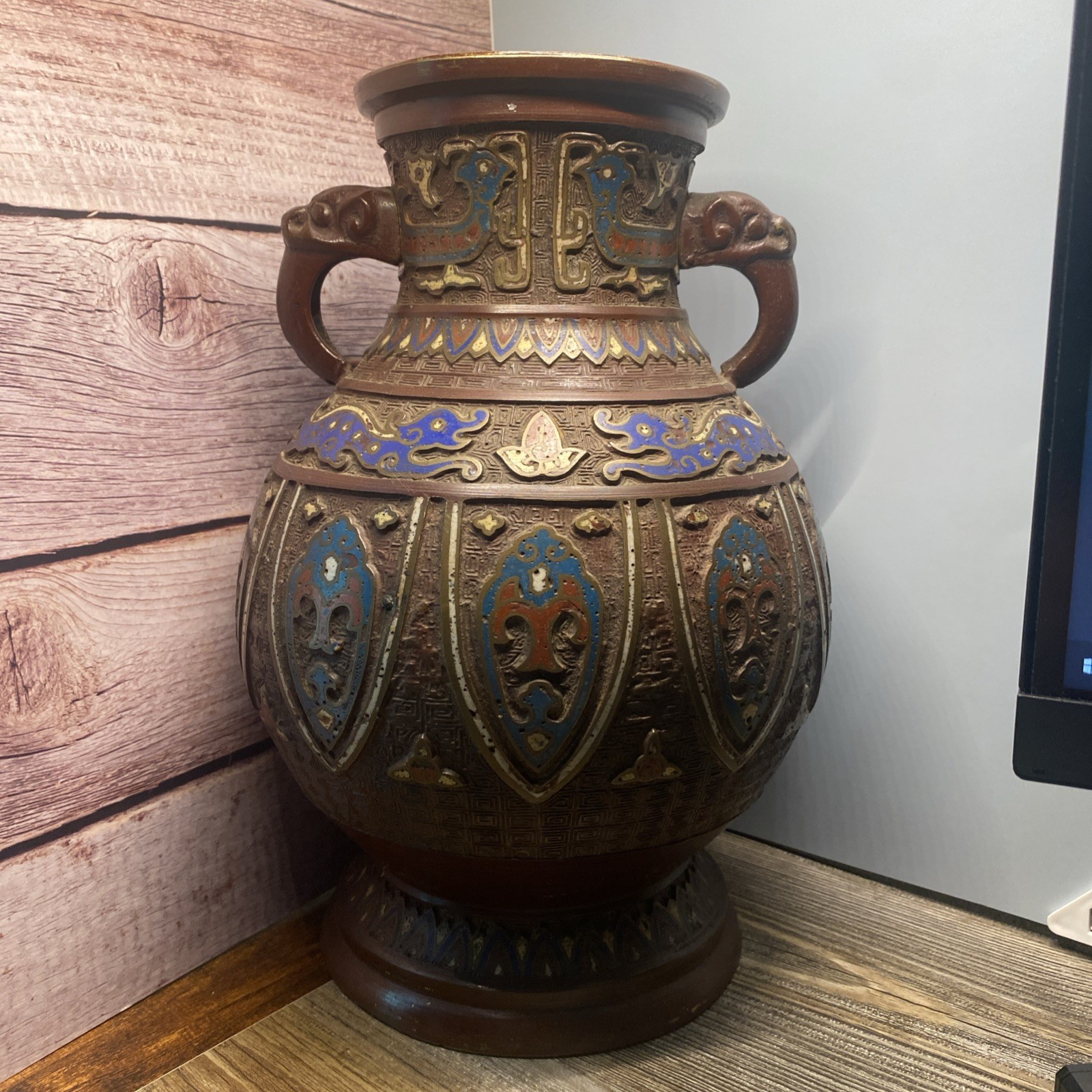 Large Japanese Champlevé Vase from The 1920s With Mythical Creatures Solid Metal