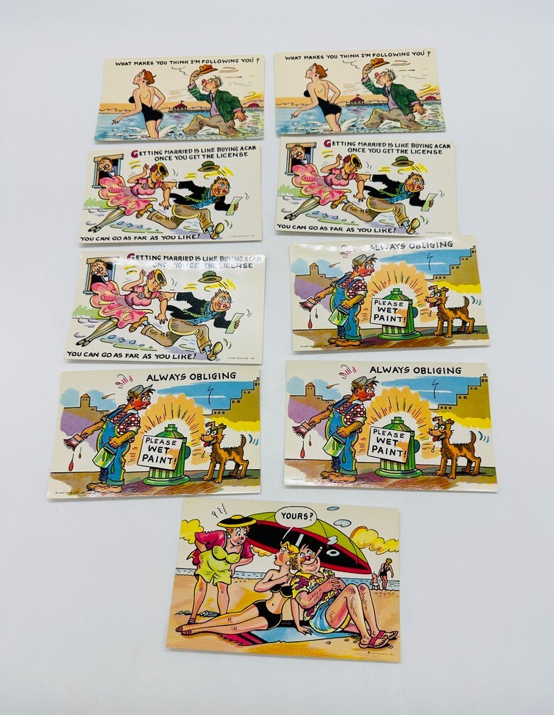 Lot of 9 Vintage Curt Teich Sexist Postcards Humorous Getting Married On Beach