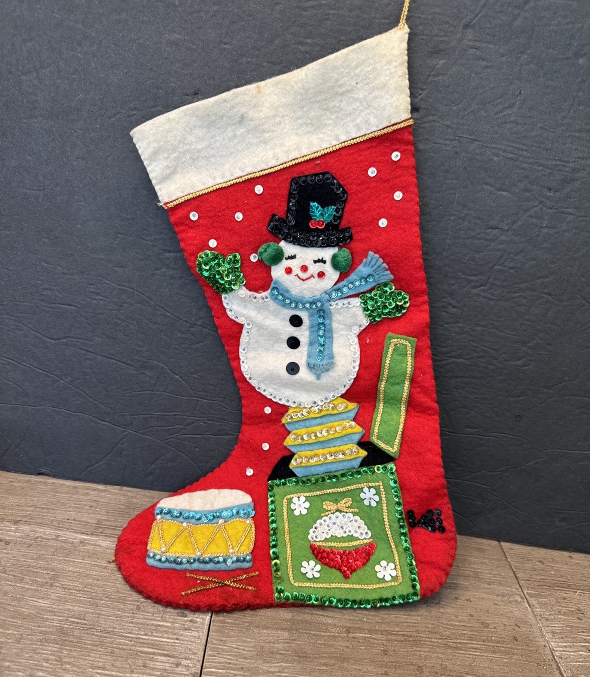 VTG Bucilla Felt Appliqué Christmas Stocking Snowman Jack In Box Sequin Complete