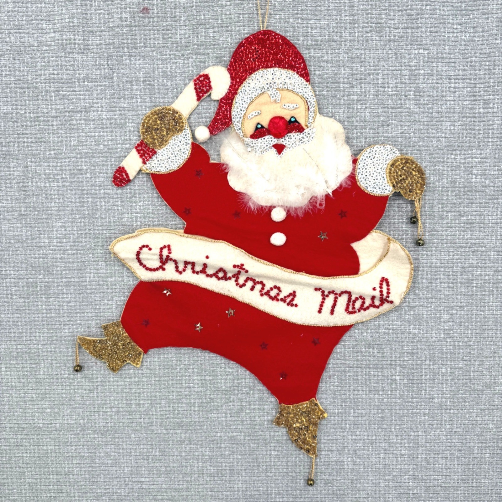 Vtg Bucilla Santa Claus Christmas Mail Wall Hanging 1950's Decor Red Felt Sequin