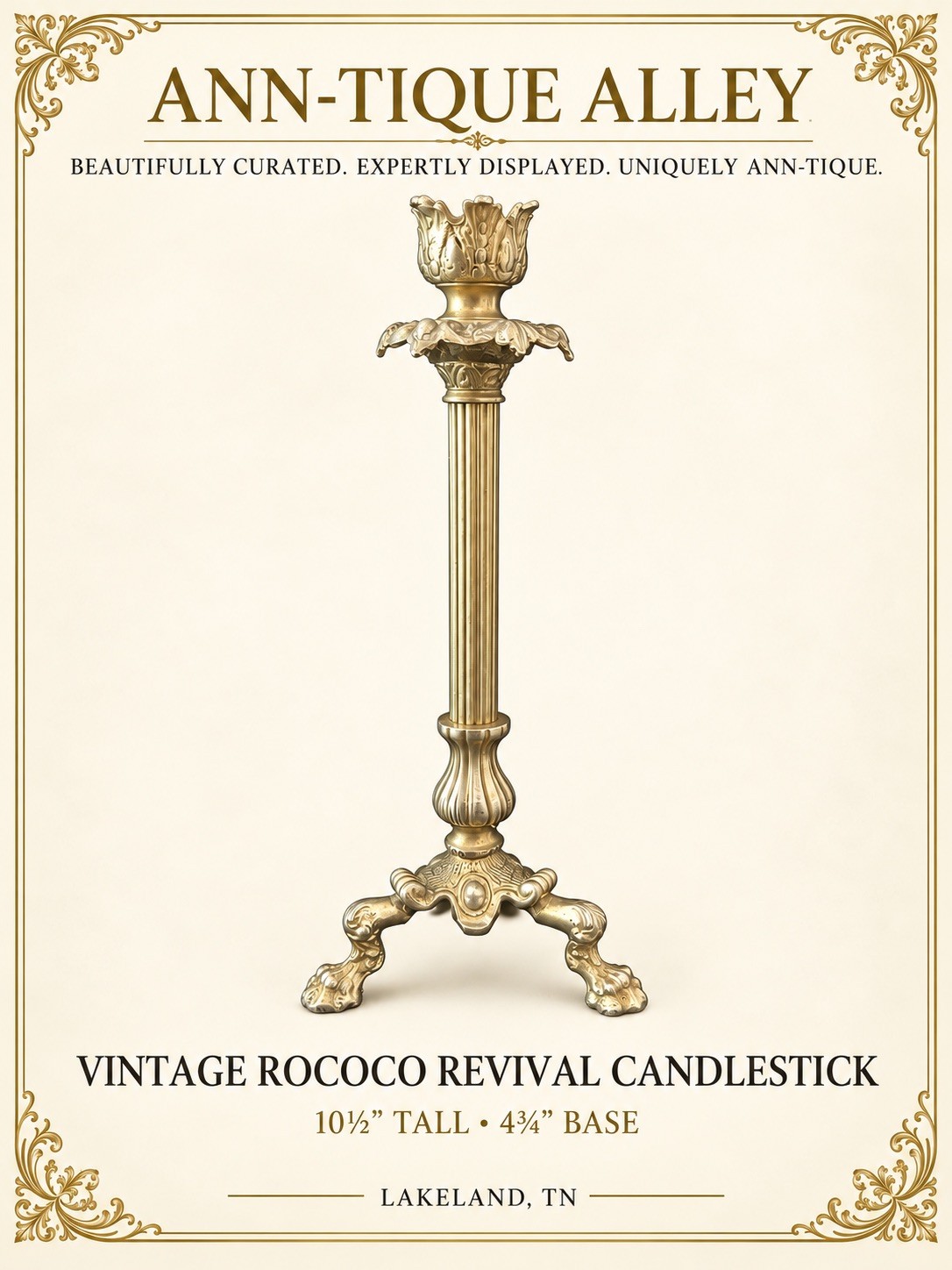 Vintage 10.5” Candlestick - Rococo Revival Brass-Tone Tripod