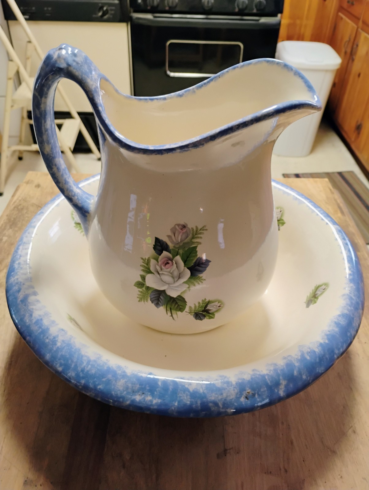 Pitcher And Wash Basin Bowl - Vintage Set with Roses and Blue Trim