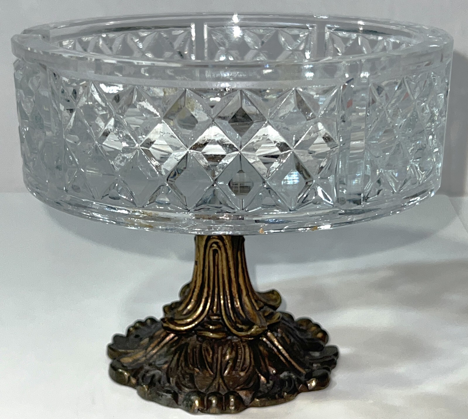 VTG Diamond Thick Cut Glass Raised Brass Pedestal Footed Ashtray Candy Dish Bowl