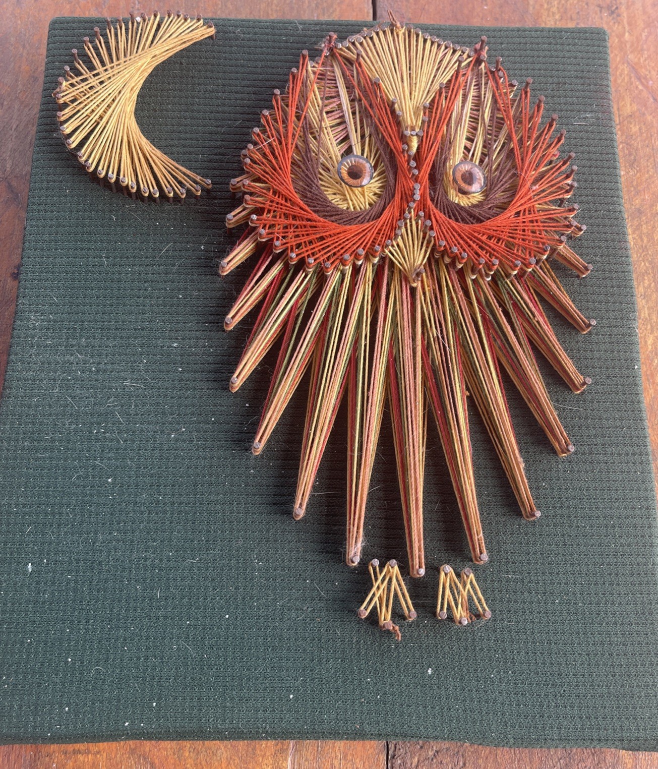 Vintage Unique Owl String Art 10 In  x  8 1/2 Inches Moon Green Background