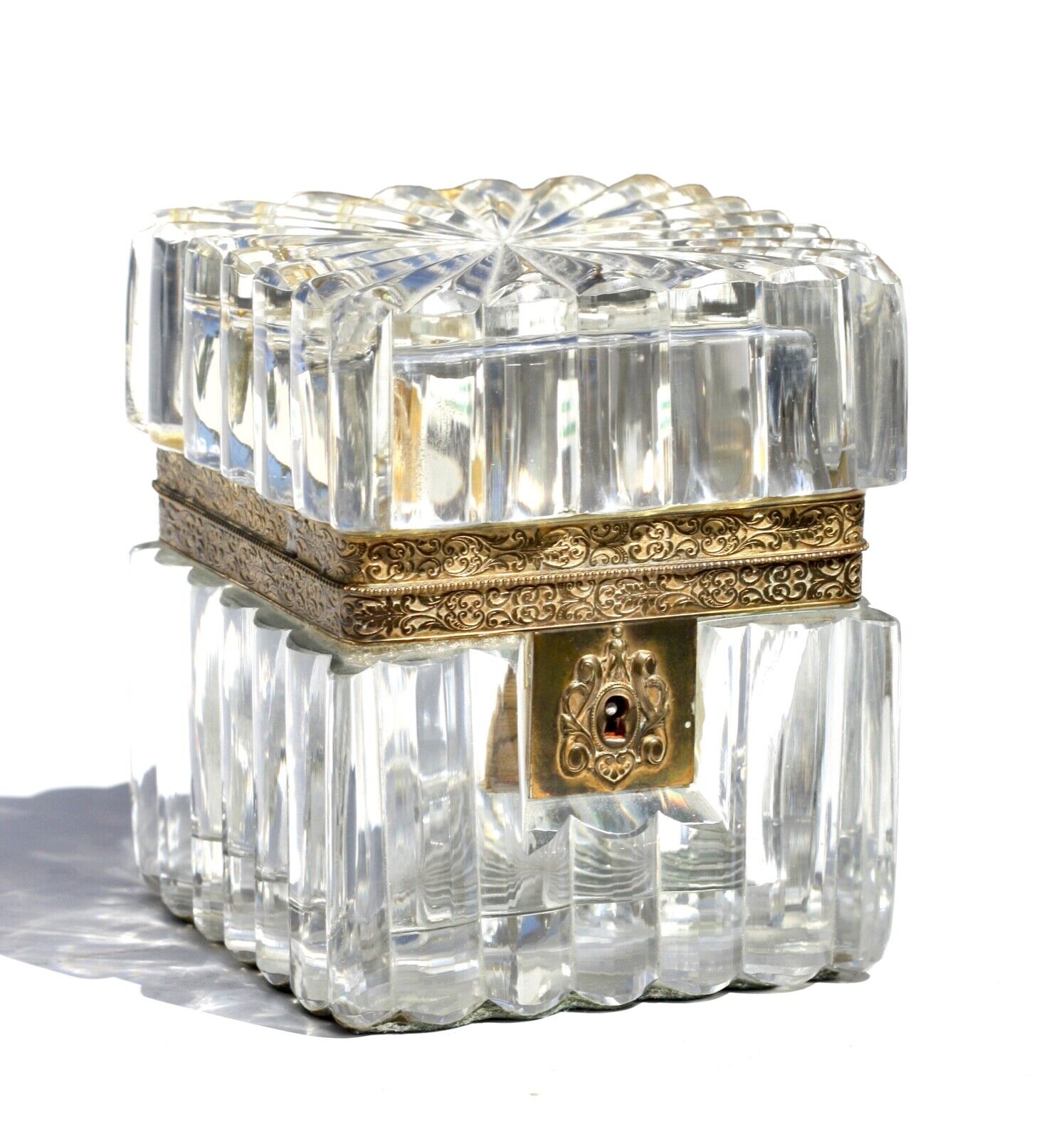 Brass Mounted Thick Wall Glass Jewelry Box, French 20th Century