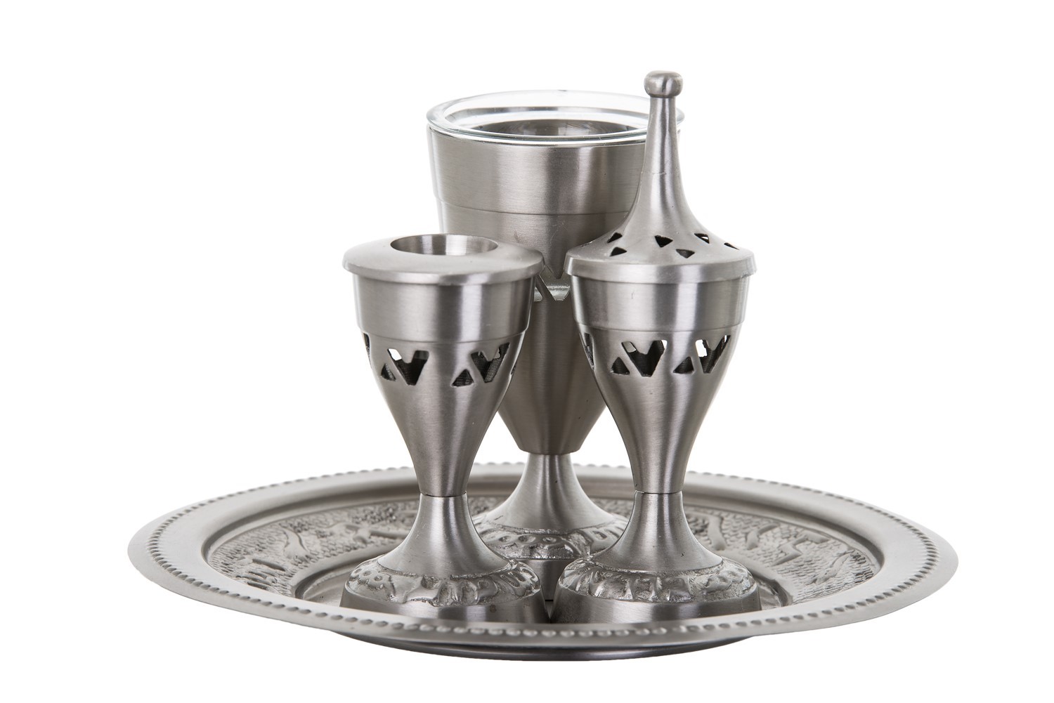 Havdalah Set - 4 piece - Pewter With Glass Insert