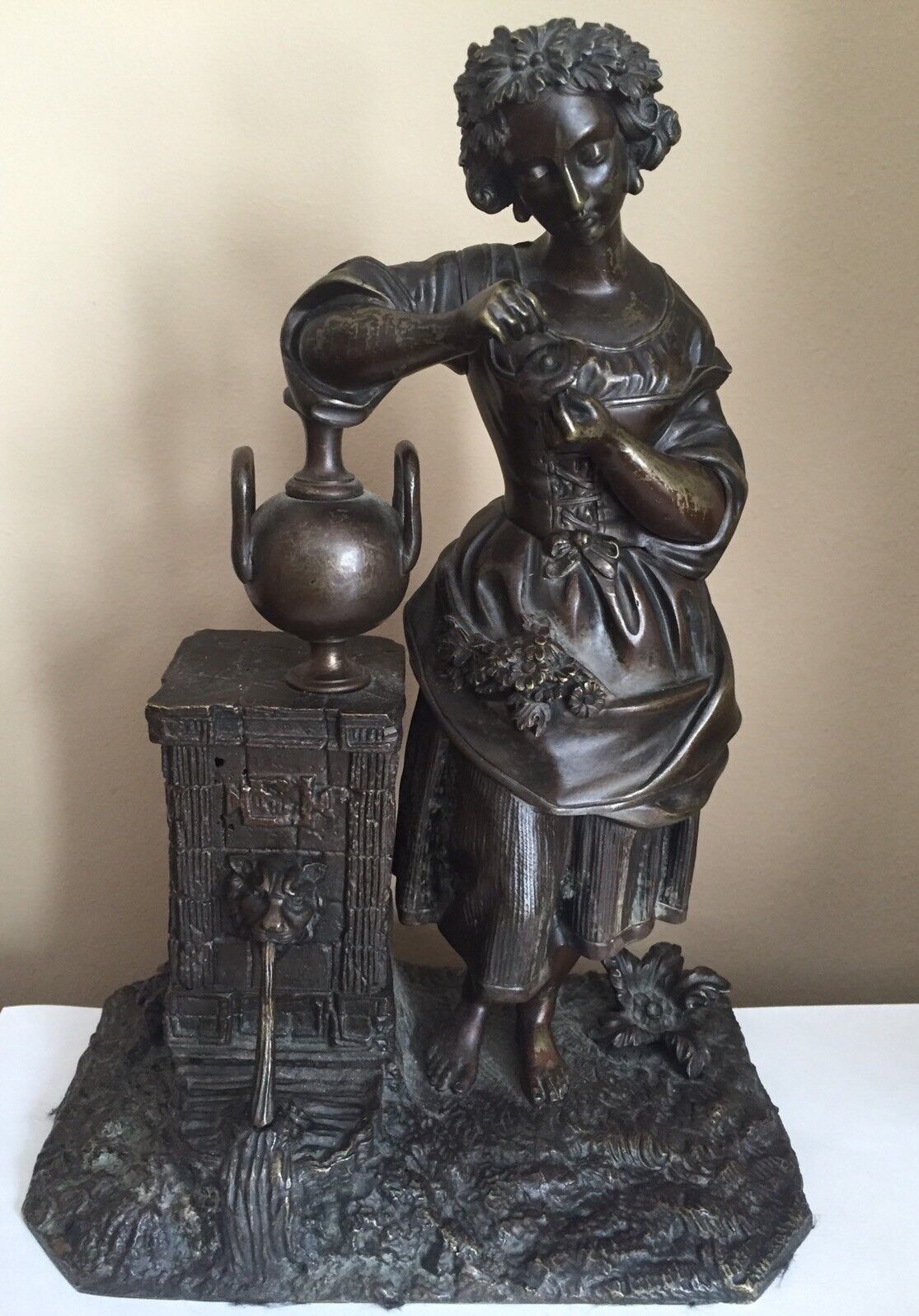 Beautiful Antique  Bronze Sculpture Of Girl At The Well With Flowers c. 19th C