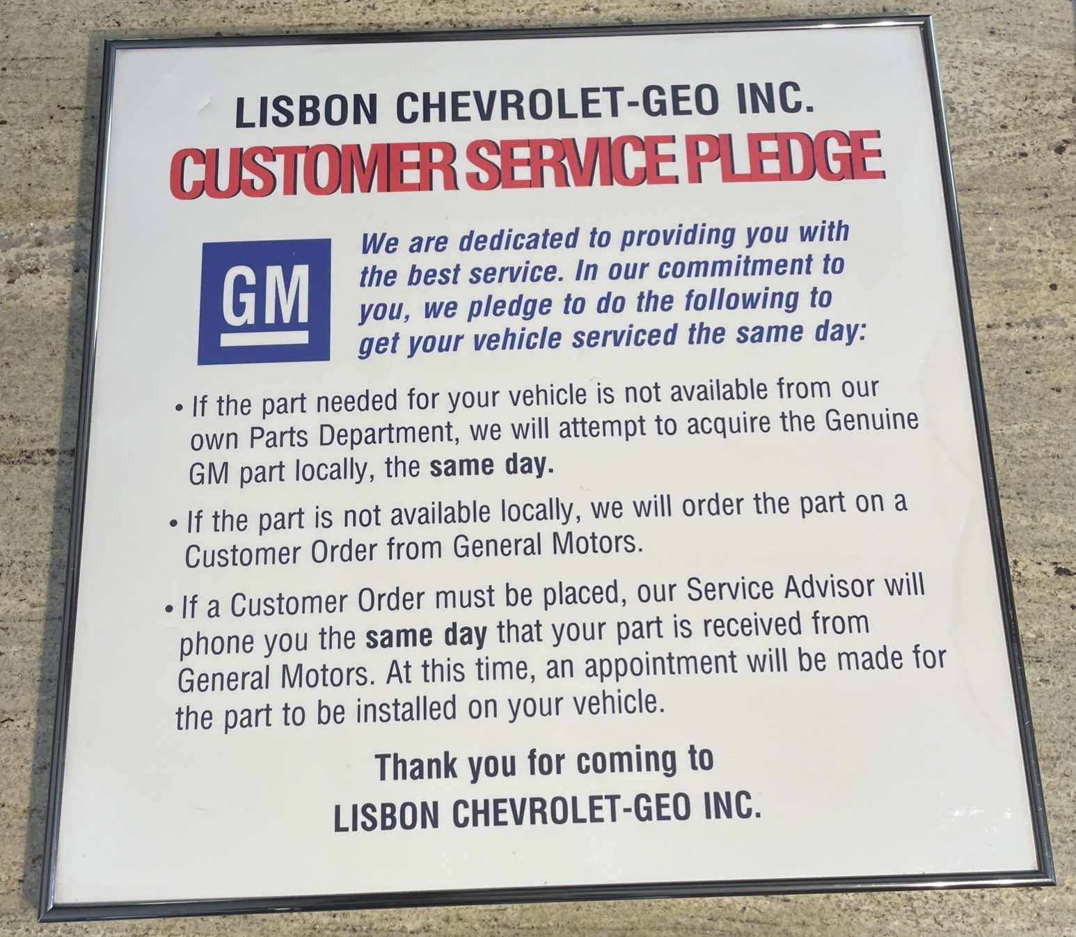 CHEVROLET / GM CUSTOMER SERVICE PLEDGE SIGN - LISBON CHEVROLET-GEO INC. (NH) 24”