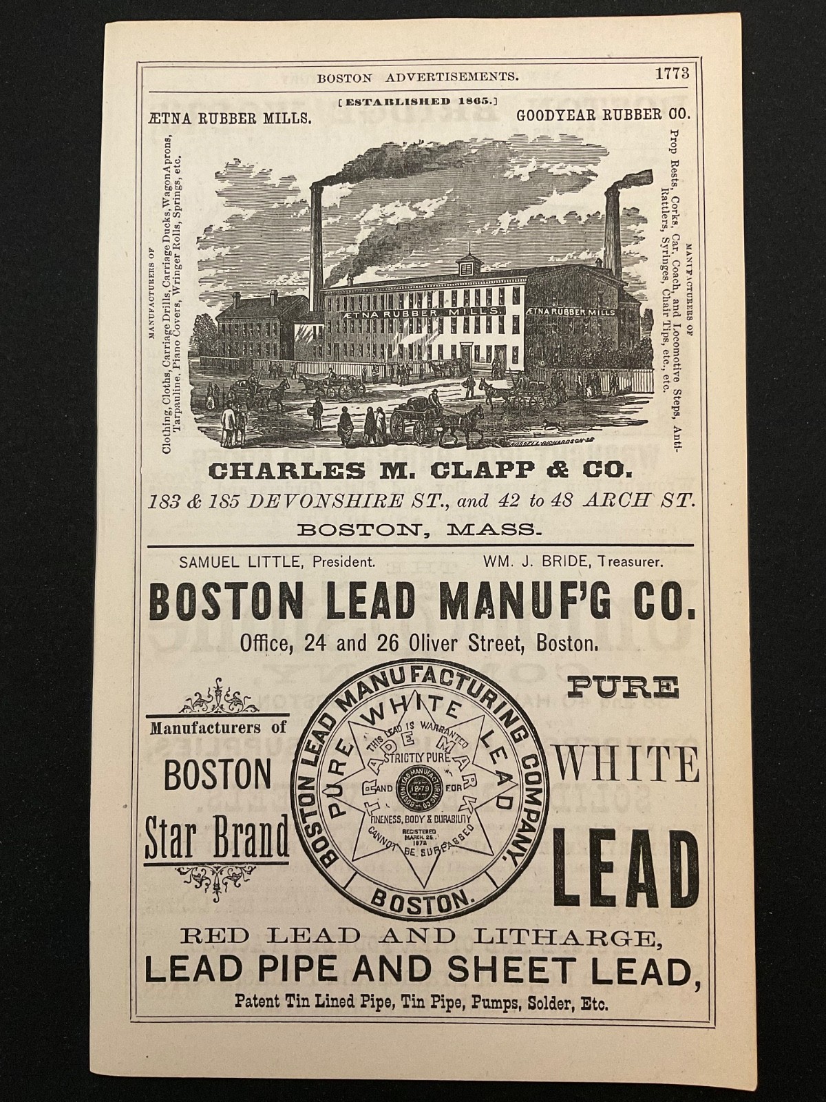 1883 Antique Ad Page Boston White & Red Lead, Clapp Rubber Mill, Boston Bridge