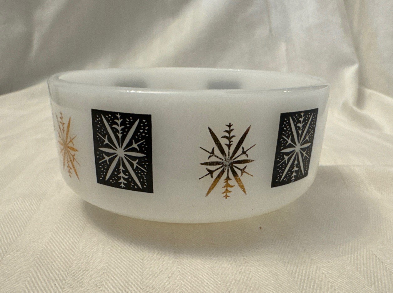 Vintage Federal Glass Fire King Milk Glass Gold and Black Sputnik Snowflake Bowl