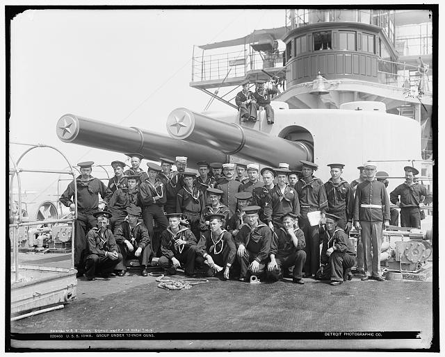 Photo:U.S.S. Iowa, group under 12-inch guns