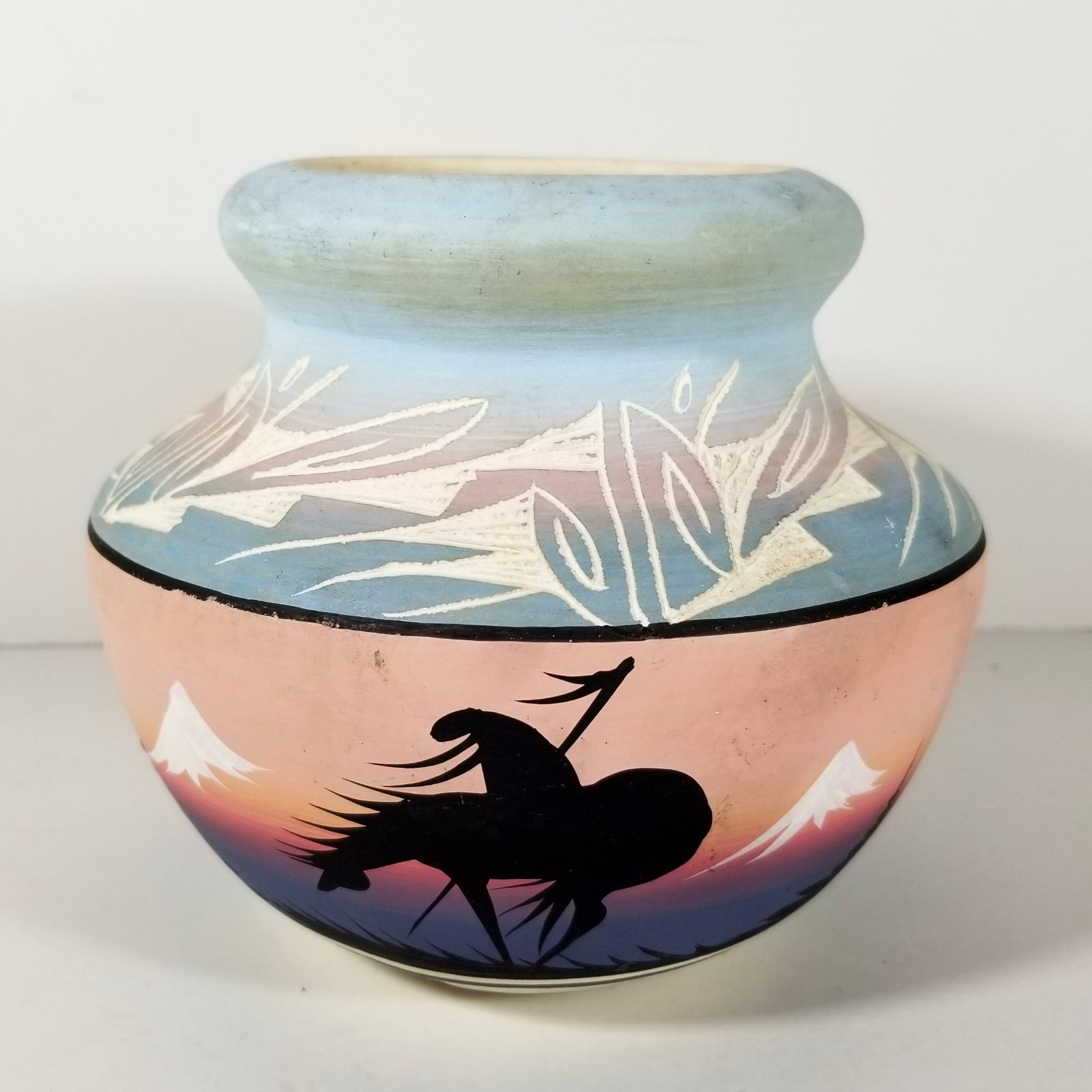 Navajo Pottery Pot Planter Rider Scene Signed Yonda Navajo 5 Inches Tall
