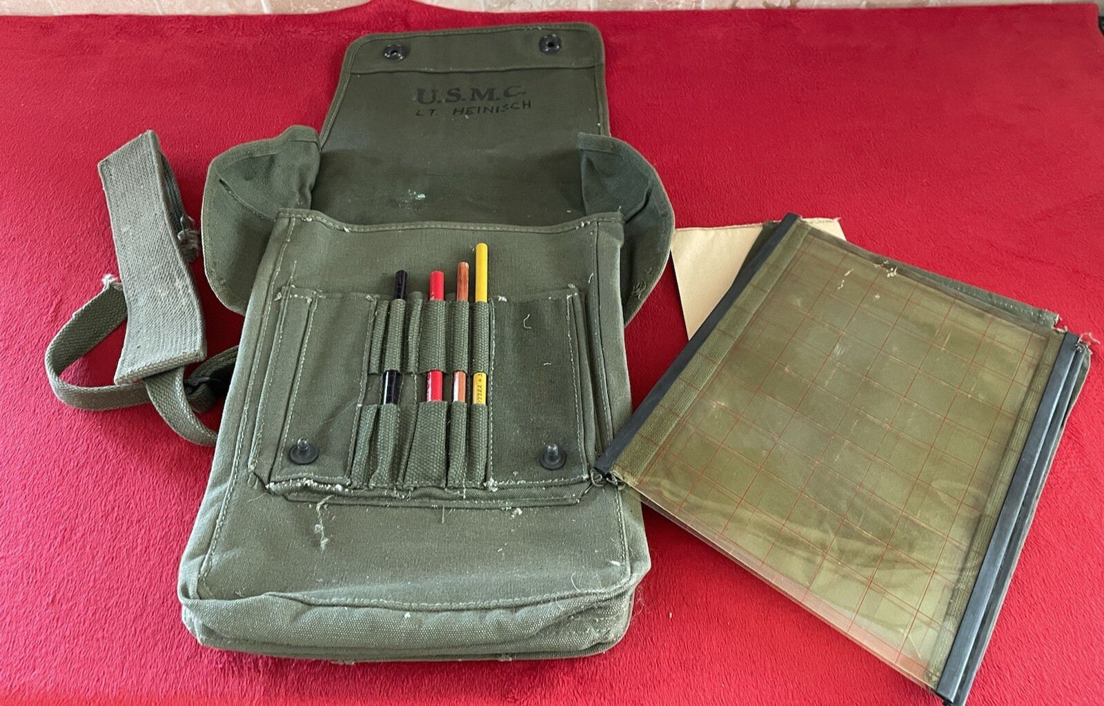 ID'd USMC Map Dispatch Case Bag w/ Pencils 1944 WWII Original MARINE CORPS M1938