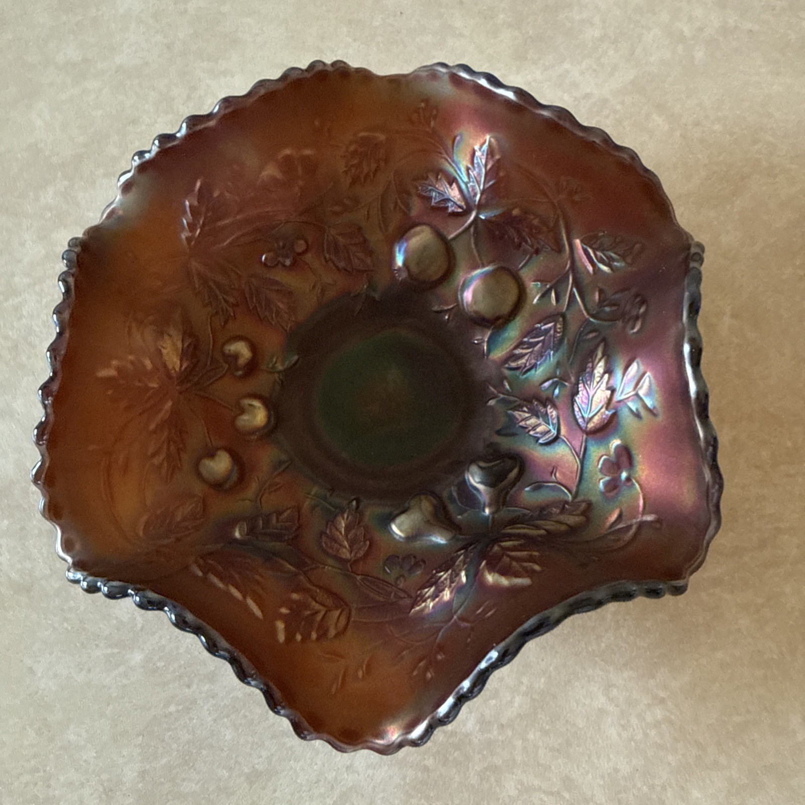 Antique Northwood Amethyst Carnival Glass Fruits & Flowers 6.5\