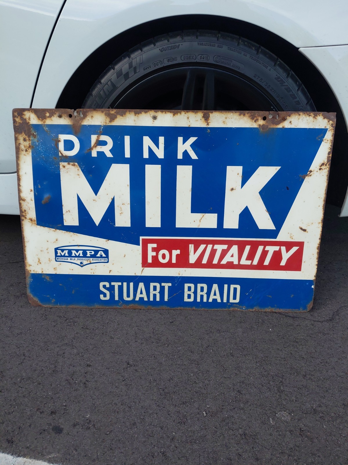 c.1964 Original Vintage Drink Milk Sign Metal 2 Sided For Vitality MMPA Michigan