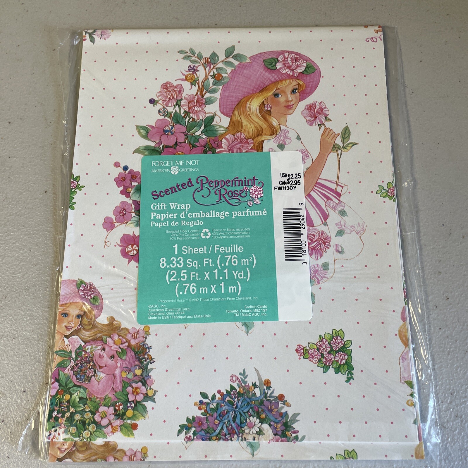New Vintage 1992 Peppermint Rose American Greetings Gift Wrap SCENTED Paper 