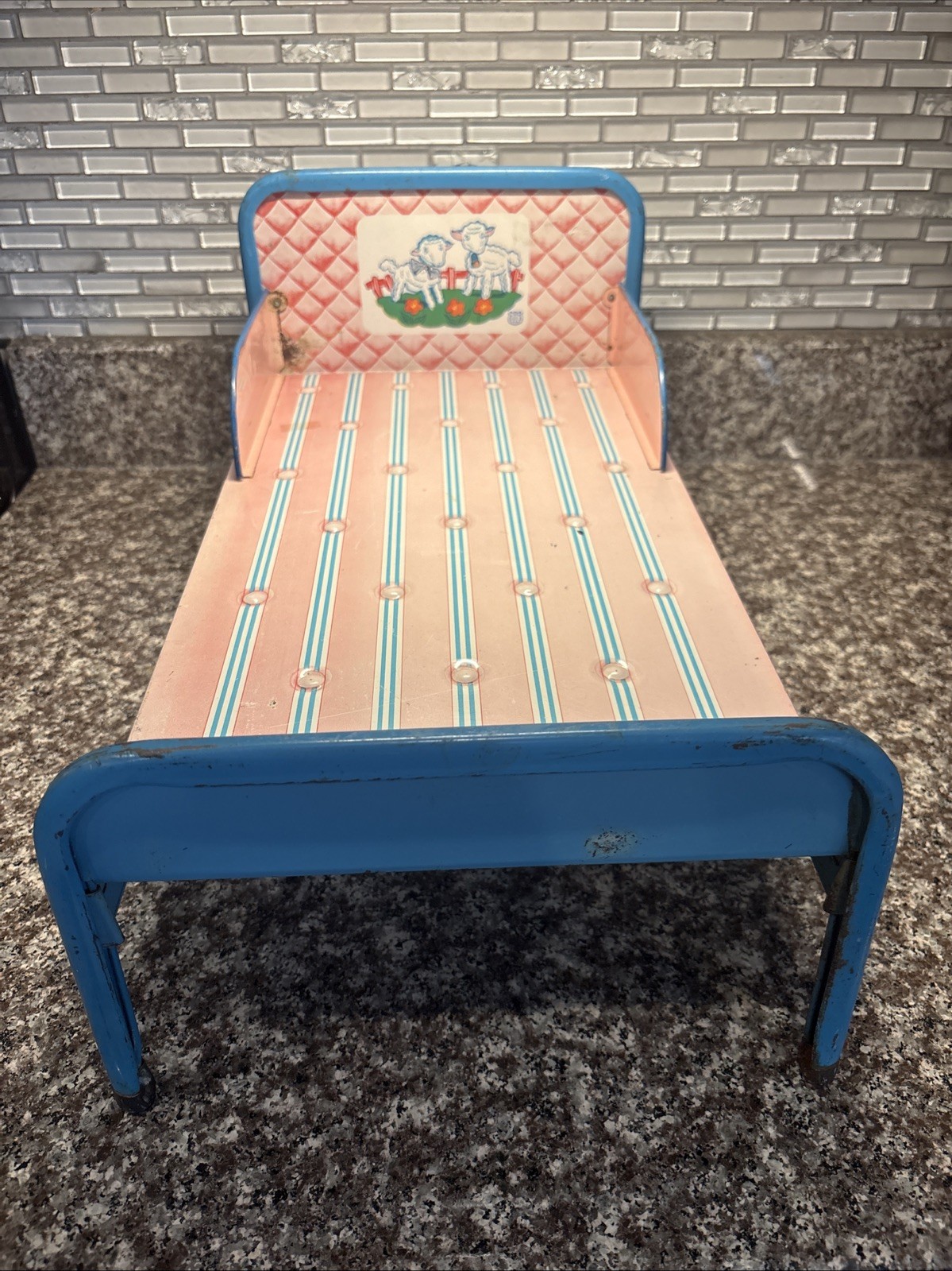 Vintage 1950s J. Chein Tin Pink Baby Doll Bed with Sheep Theme