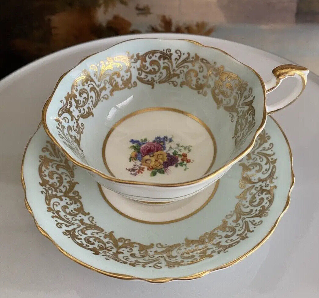 SALE PARAGON Double Warrant Footed CUP & SAUCER Light Blue Roses 1939-1949 