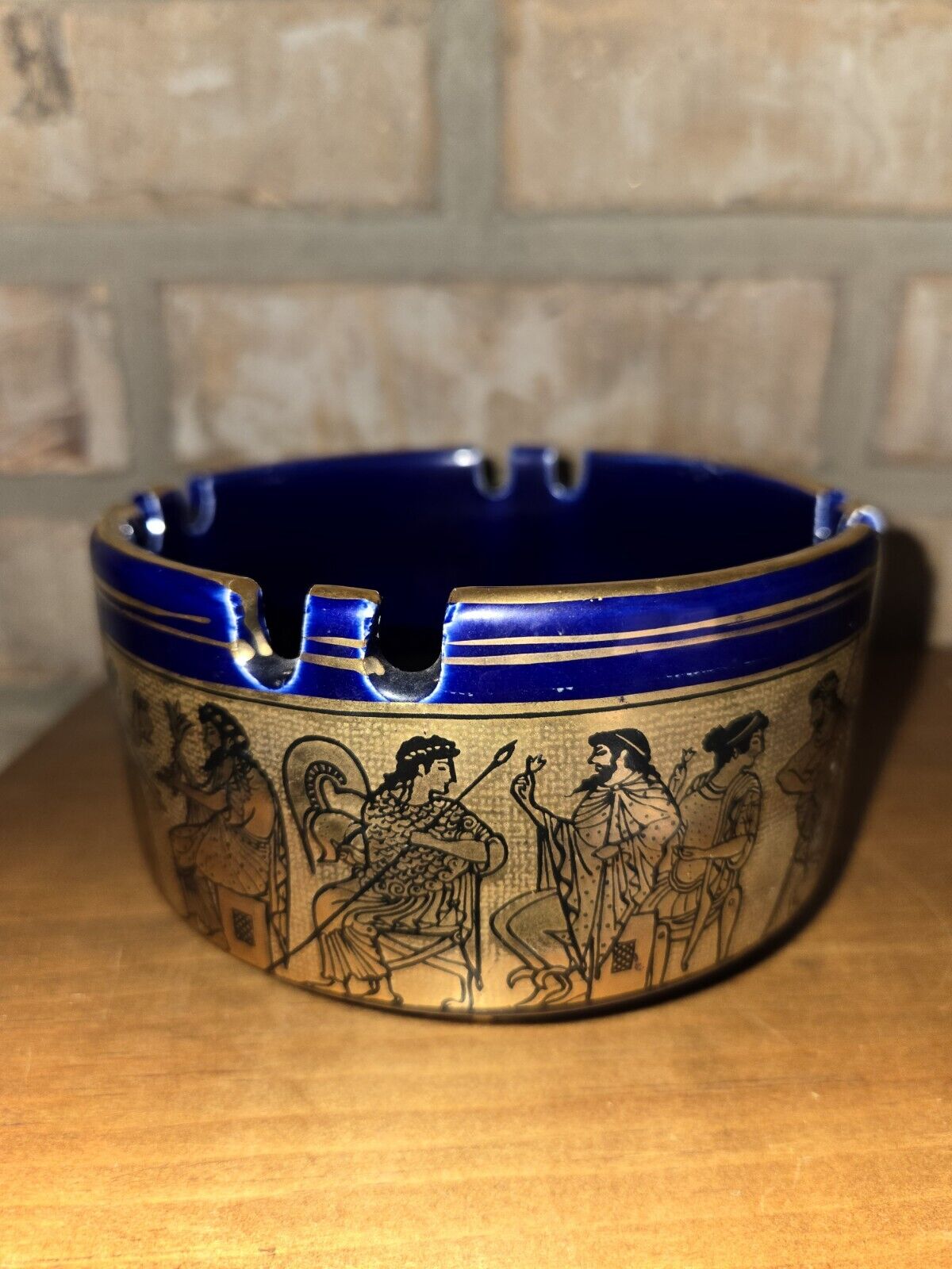 Vintage Neofitoy Keramik Cobalt Blue & 24K Gold Ashtray-Handmade In Greece