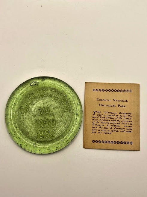 Historical Hand Blown Green Glass Jamestown VA 1608-1982 Coaster Paper Weight