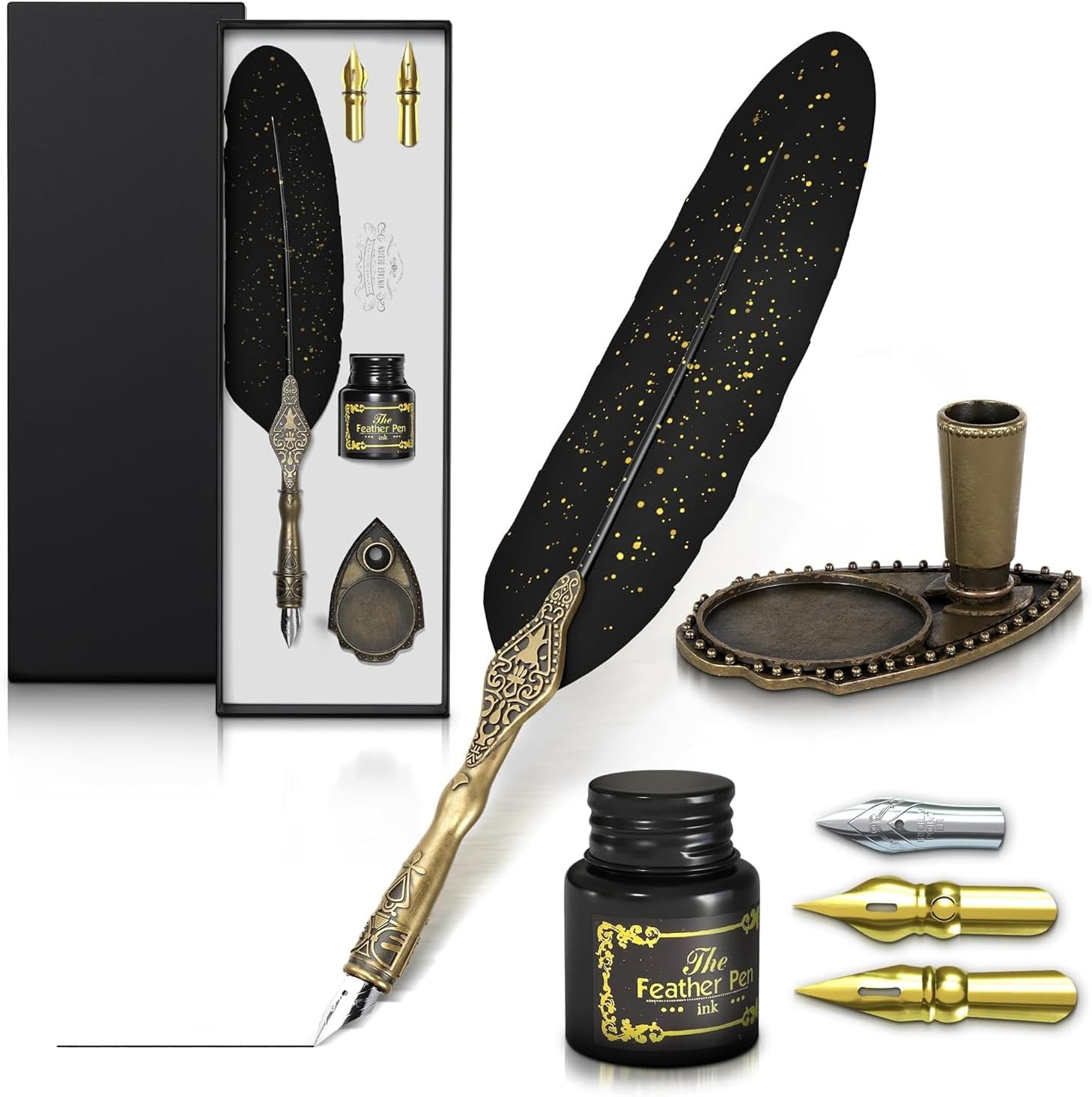 Feather Pen and Ink Set, 8 Pcs, 2 Extra Nibs, Inkwell, Stand (Black) Feather Pen and Ink Set, 8 Pcs, 2 Extra Nibs, Inkwell, Stand (Black)