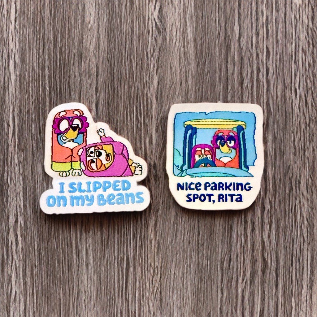 Iron On Patch SET Blue Dog Nice Parking Spot Rita, Slipped On My Beans, Grannies