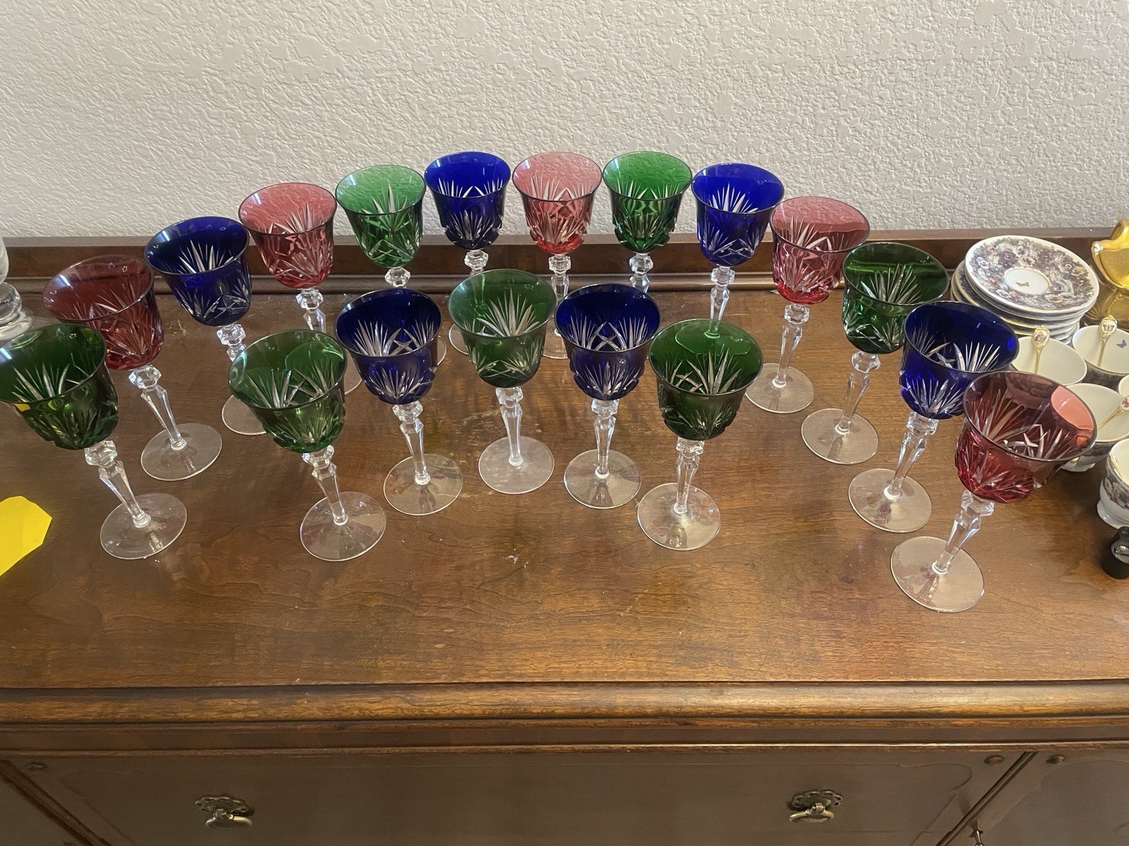 18pc Bohemian Cut Crystal Wine Goblets Cobalt Emerald Ruby Cut-to-Clear 8”
