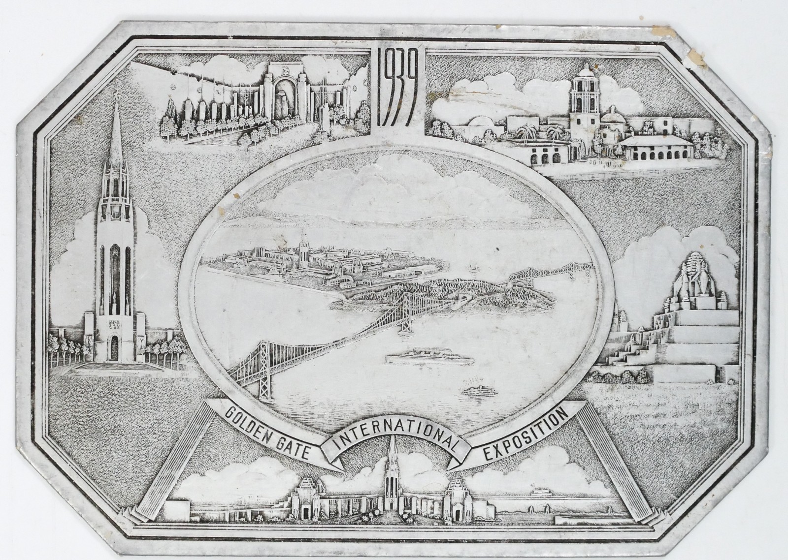 1939 Golden Gate Expo San Francisco World's Fair Aerial Panorama Souvenir Plaque