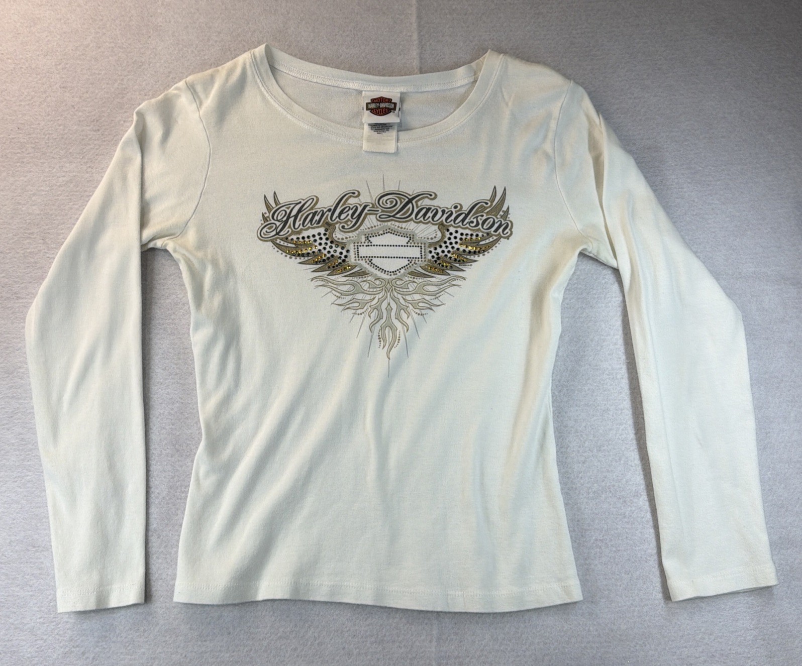 Harley Davidson Women's L Off White Long Sleeve Logo Rhinestone Shirt Biker.