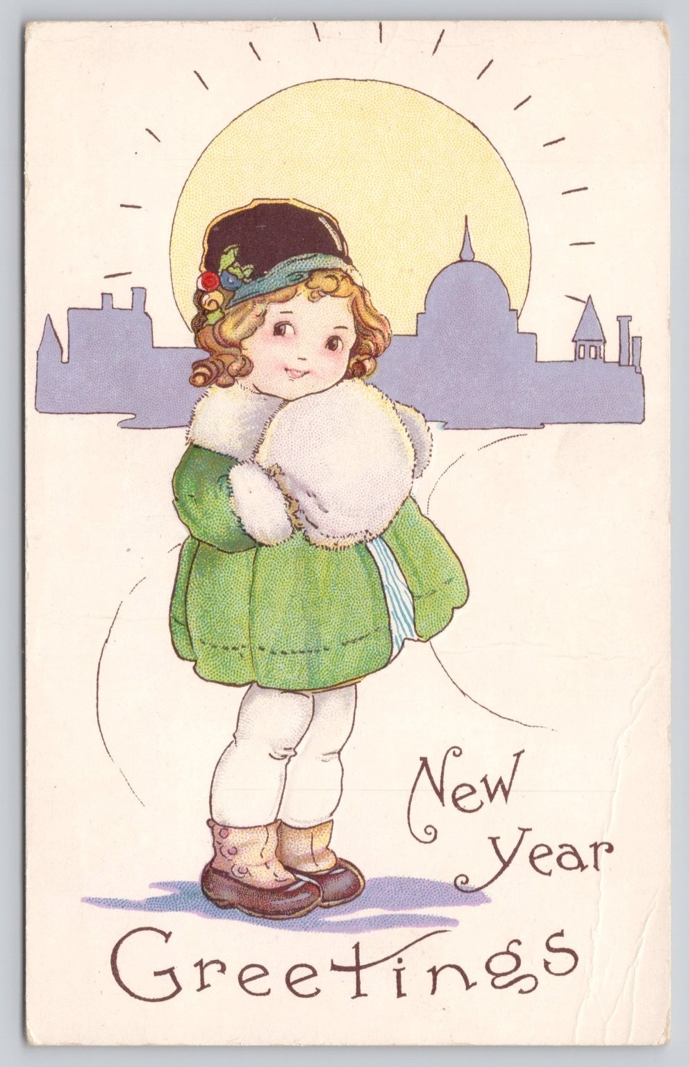 Vintage New Year Greetings Postcard Little Girl Winter Capitol Dome Embossed Vintage New Year Greetings Postcard Little Girl Winter Capitol Dome Embossed