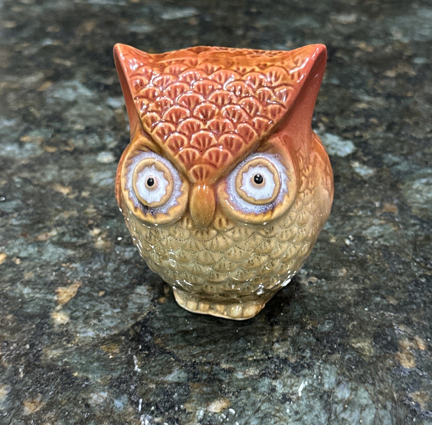 Vintage 1970 Owl Ceramic Pottery Olive Grren and Brown Glaze Small Home Decor 4\