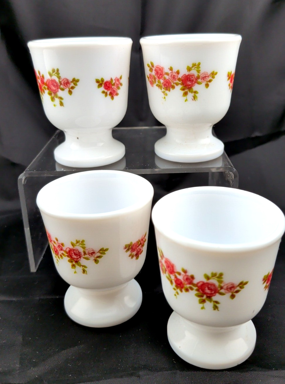 4 VTG Arcopal Bagatelle White Milk Glass Floral Egg Cups France Pedestal 2.25\