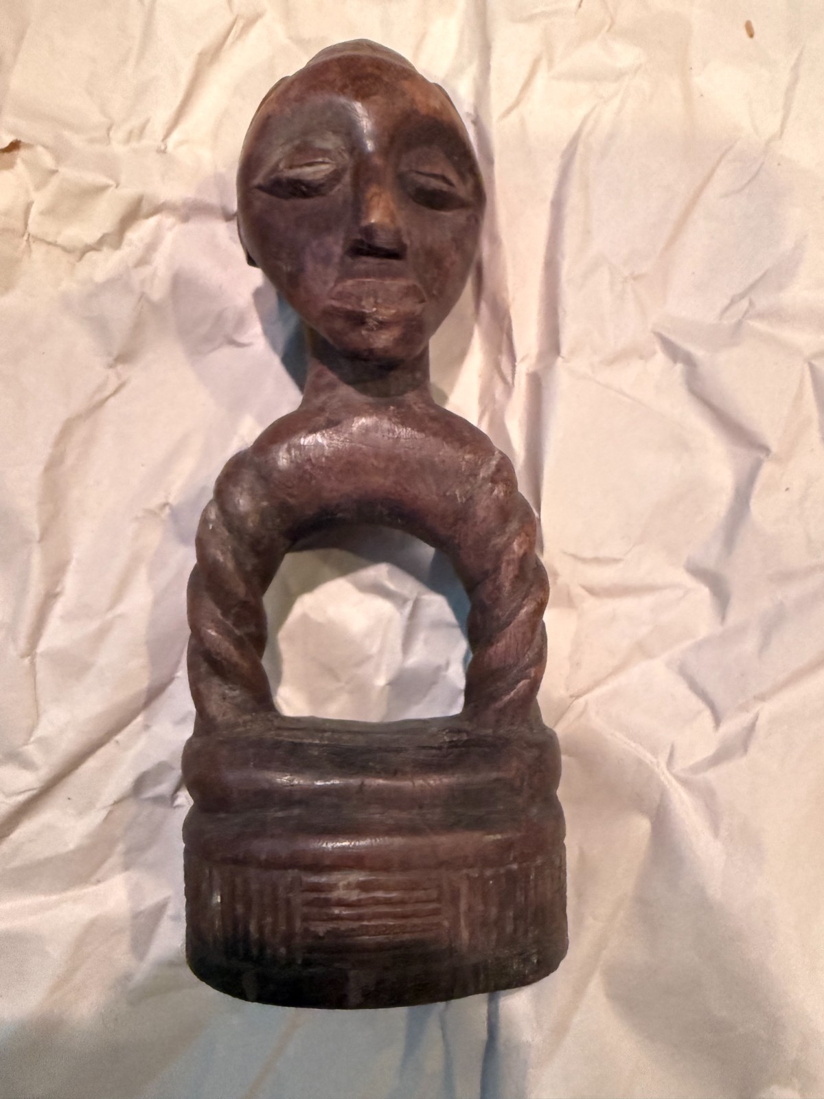 Vintage African Tribal Style Carved Wooden Head Figure with Twisted Hoop – 7\