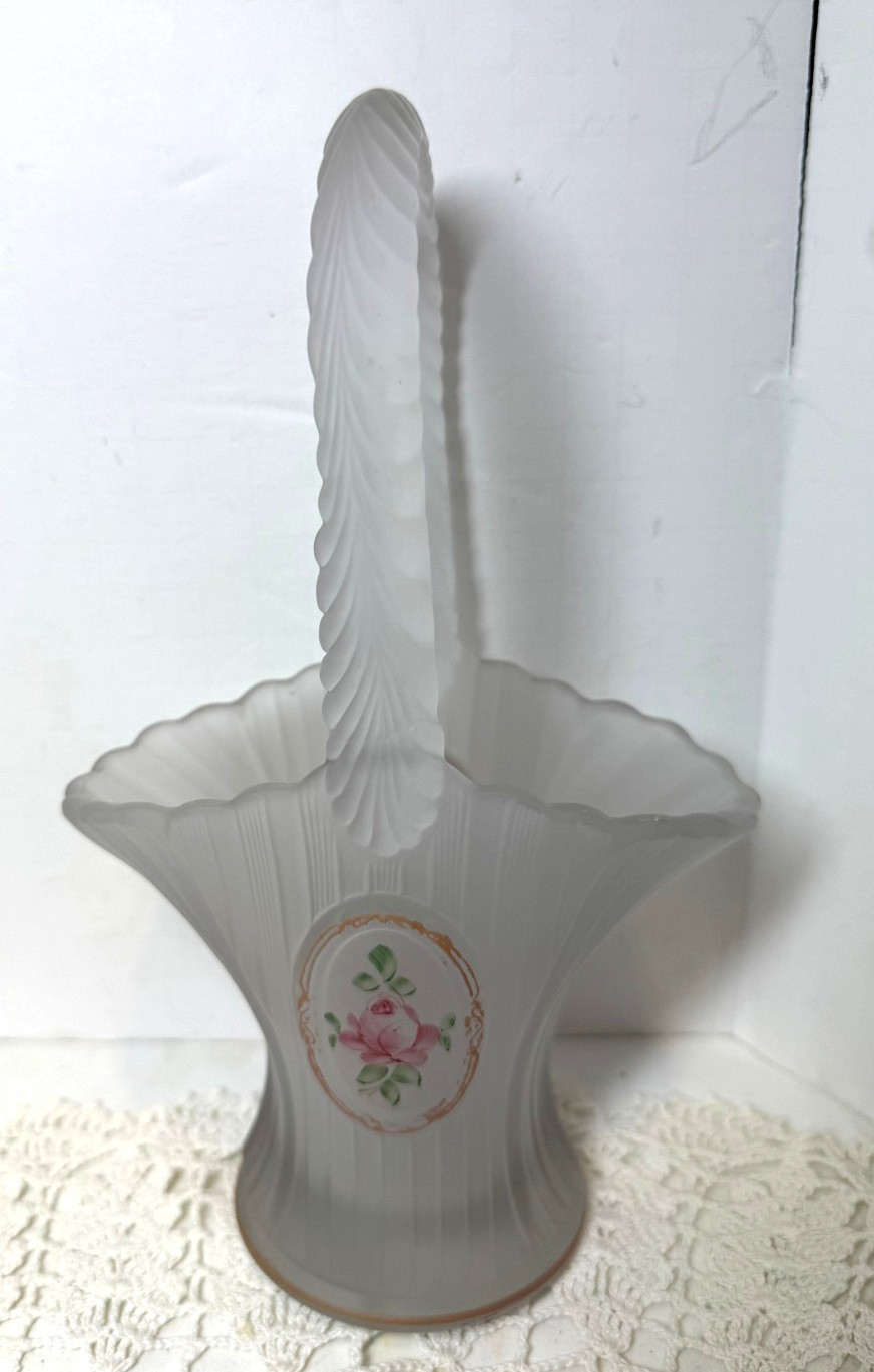 1978 Westmoreland Glass Basket, Satin Glass, pink rose Pattern L. Hoenshell