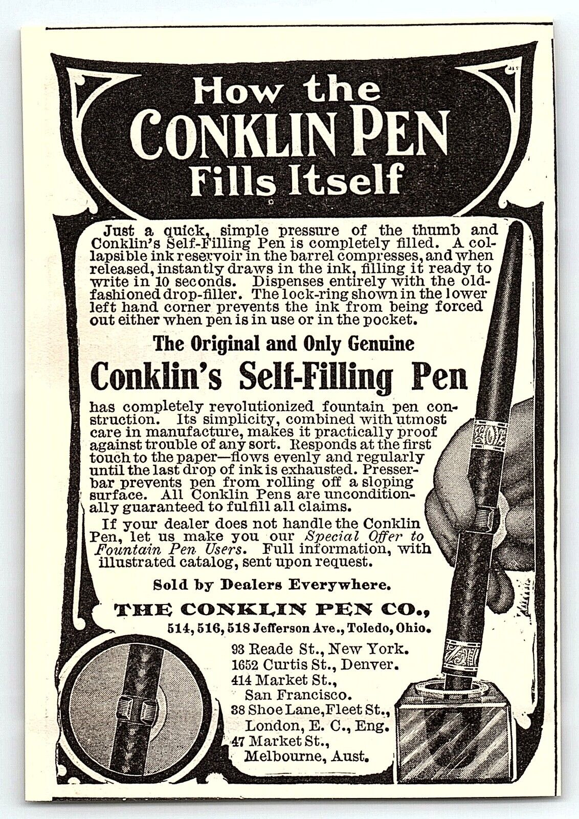 c1910 CONKLIN SELF-FILLING PEN INK PEN PRINT ADVERTISEMENT Z3488